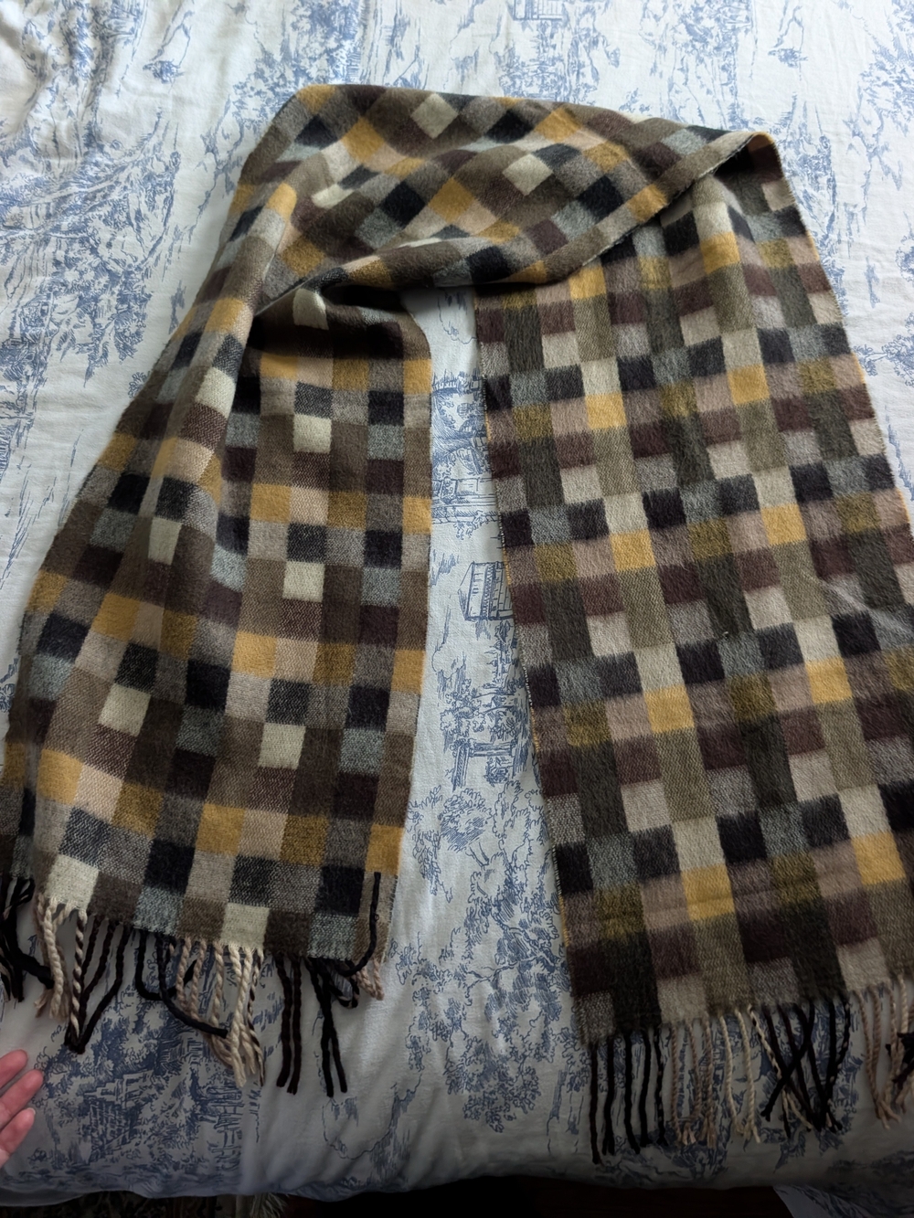 Checked Fringe Scarf - Brown, Cream & Mustard